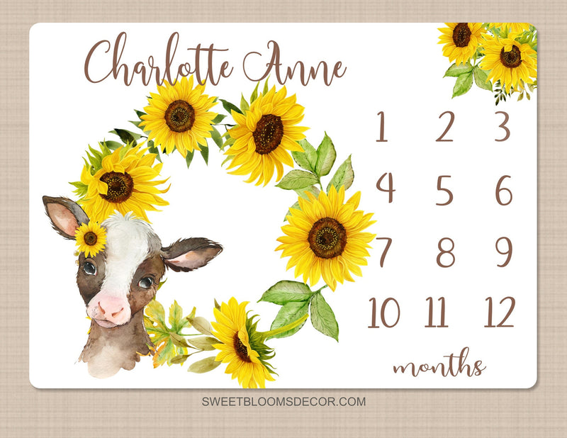 Sunflower Cow Milestone Blanket, Calf Floral Baby  Blanket Monthly Growth Tracker Newborn Gift  Baby Girl Name Baby Shower Gift B1497