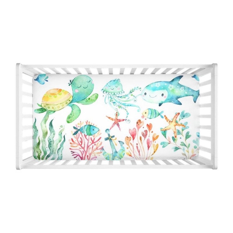 Sea Animals Animals Crib Sheet Under the Sea Watercolor Turtle Jelly Fish Narwhal Shark Baby Shower Gift Nursery C169