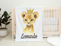 Lion Baby Boy Name Blanket, Personalized Baby Blanket Lion Crown Blue Stars Baby Shower Gift Lion Nursery Crib Bedding  B1499