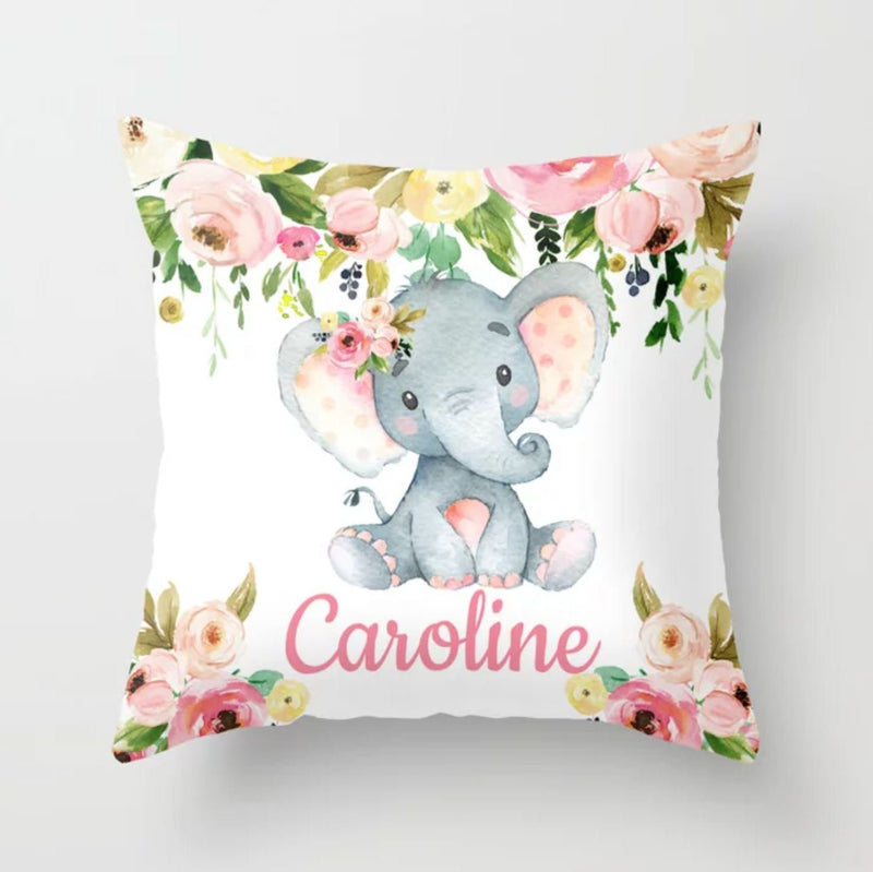 Elephant Floral Girl Nursery Pillow Nursery, Blush Pink Coral Yellow Flowers Baby Shower Gift Newborn Nursery Decor   P305