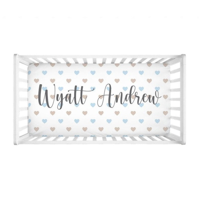 Baby Boy Name Crib Sheet , Personalized Crib Sheet, Hearts Custom Name Baby Boy Nursery Bedding Nursery  C164