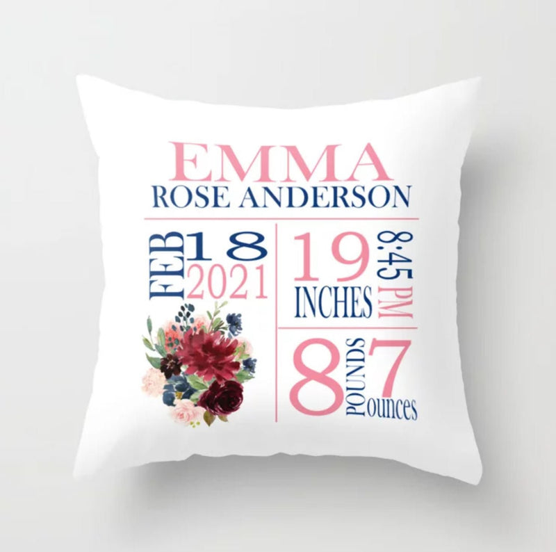 Burgundy Navy Blush Pink Floral Girl Birth Announcement Pillow ,Personalized Birth Stats Pillow Baby Shower Gift Nursery Crib Bedding  P302