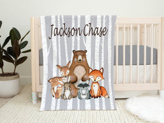 Woodland Animals Baby Boy Name Blanket Birch Trees Gray Bear Fox Raccoon Deer Bunny Owl Baby Shower Gift Nursery Crib Bedding B1117