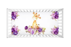 Giraffe Baby Girl Crib Sheet Watercolor Purple Lavender Floral Newborn Toddler Flowers Shower Gift Nursery C132