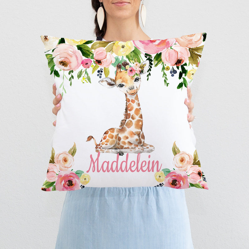 Giraffe Floral Girl Nursery Pillow Nursery, Blush Pink Coral Yellow Flowers Baby Shower Gift Newborn Nursery Decor   P309