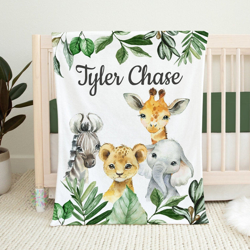 Safari Animals Baby Boy Name Blanket, Jungle Greenery Leaves Forest Personalized Blanket Newborn Baby Shower Gift  Crib Blanket B1531