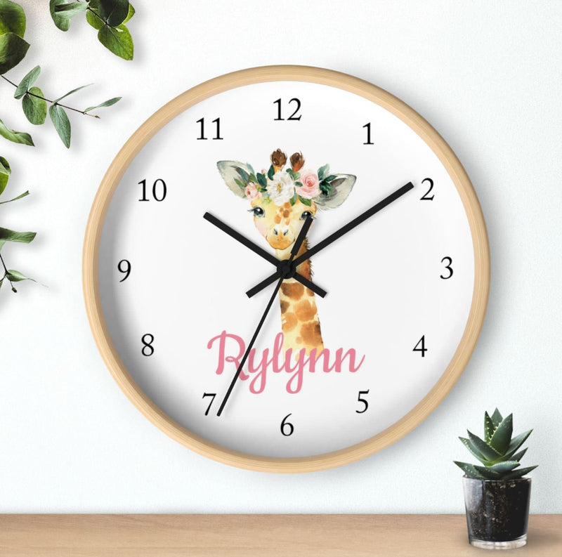 Giraffe  Floral Wall Clock,  Nursery Wall Clock, Personalized Giraffe Girl Bedroom Decor, Safari Zoo Animals Nursery Decor T139