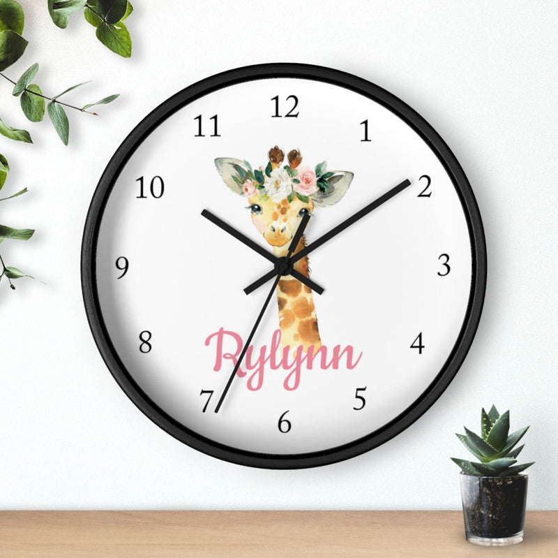 Giraffe  Floral Wall Clock,  Nursery Wall Clock, Personalized Giraffe Girl Bedroom Decor, Safari Zoo Animals Nursery Decor T139