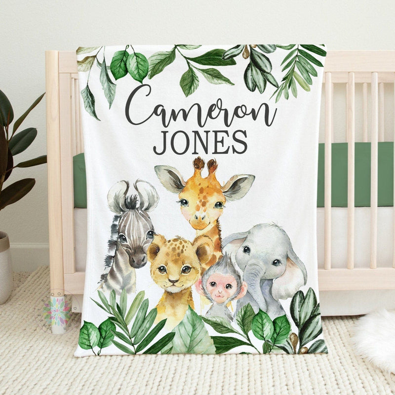 Safari Animals Baby Boy Name Blanket, Jungle Greenery Leaves Forest Personalized Blanket Newborn Baby Shower Gift Crib Blanket B1532 Sweet Blooms Design Co