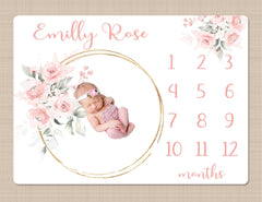 Pink Floral Milestone Blanket, Blush Pink Watercolor Flowers Monthly Milestone Growth Tracker Newborn Baby Girl Name Baby Shower Gift B1533