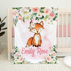 Fox Floral Baby Girl Blanket, Blush Pink Flowers Personalized Newborn Baby Girl Name Blanket, Fox Woodland  Baby Shower Gift B1522