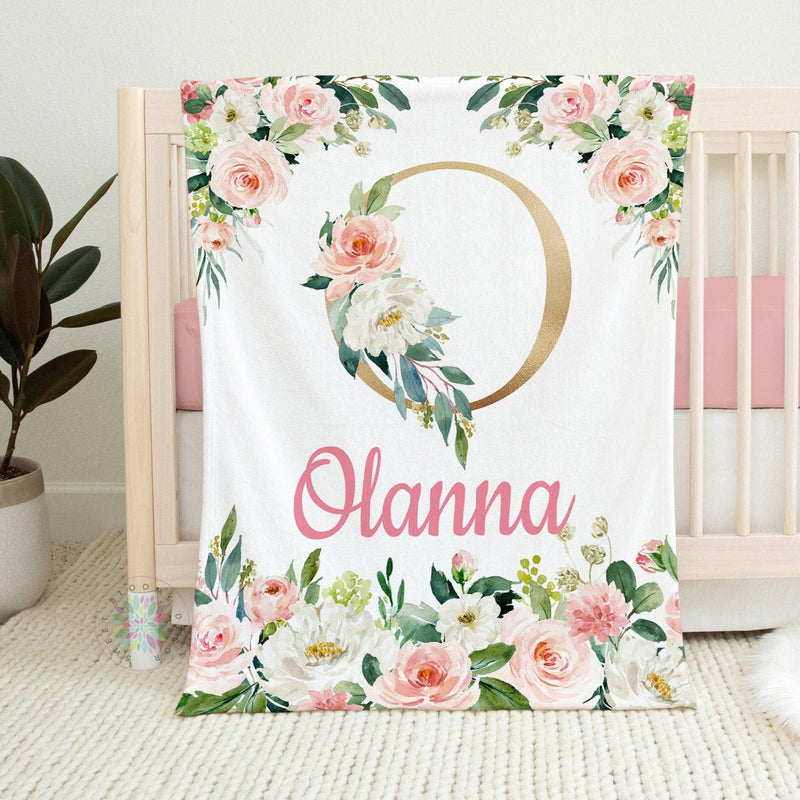 Blush Pink Floral Blanket, Pink Watercolor Flowers Roses Name Blanket, Monogram Baby Girl Personalized Blanket, Baby Shower Gift  B1523