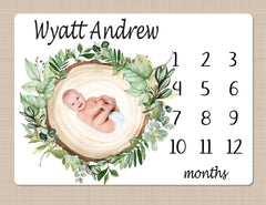 Baby Boy Milestone Blanket, Personalized Eucalyptus Greenery Leaves Log Forrest Woodland, Boy Girl Monthly Growth  Baby Shower Gift 1525