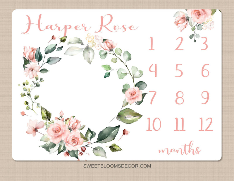 Pink Floral Milestone Blanket, Pink Coral Watercolor Flowers Monthly Milestone Growth Tracker Newborn Baby Girl Name Baby Shower Gift B1528