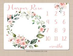 Pink Floral Milestone Blanket, Pink Coral Watercolor Flowers Monthly Milestone Growth Tracker Newborn Baby Girl Name Baby Shower Gift B1528