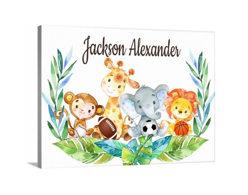 Safari Animals Sports Nursery Name Sign Wall Art Tropical Leaves Baby Bedroom Decor Personalized Baby Shower Gift CANVAS C1001