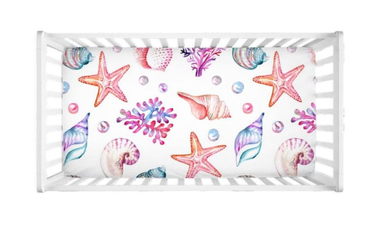 Seashells Crib Sheet,  Under the Sea Watercolor Ocean Shell Starfish Baby Shower Gift Nursery  C173