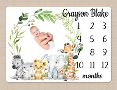 Safari Animals Baby Milestone Blanket, Personalized Monthly Growth Blanket Jungle Boy Girl Greenery Leaves Newborn Baby Shower Gift B1535