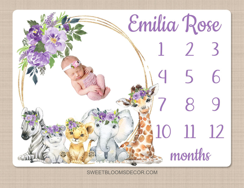 Safari Animals Floral Girl Milestone Blanket, Purple Lavender Flowers Monthly Blanket Jungle Personalized Newborn Baby Shower Gift B1539