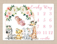 Safari Animals Floral Girl Milestone Blanket, Blush Pink Flowers Monthly Blanket Jungle Animals Personalized Newborn Baby Shower Gift B1540