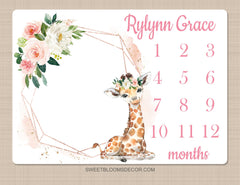 Giraffe Floral Girl Milestone Blanket, Blush Pink Flowers Monthly Blanket Safari Animals Personalized Newborn Baby Shower Gift B1543