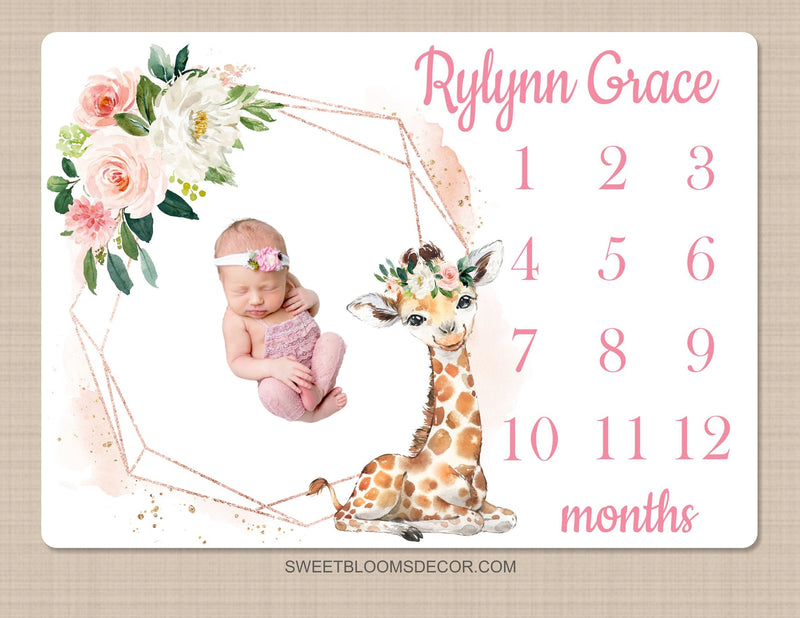 Giraffe Floral Girl Milestone Blanket, Blush Pink Flowers Monthly Blanket Safari Animals Personalized Newborn Baby Shower Gift B1543