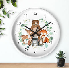 Woodland Animals Wall Clock, Eucalyptus Leaves Nursery Baby Boy Girl Bedroom Decor, Woodland Forest Animals Fox Bear Deer Raccoon Owl T141