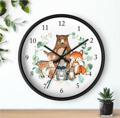 Woodland Animals Wall Clock, Eucalyptus Leaves Nursery Baby Boy Girl Bedroom Decor, Woodland Forest Animals Fox Bear Deer Raccoon Owl T141