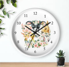 Farm Animals Floral Wall Clock, Blush Pink Watercolor Flowers Nursery Wall Clock, Bedroom Decor, Cow Pig Horse Chicken Goat Bunny T142