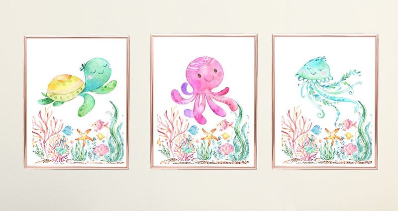 Sea Animals Nursery Wall Art, Turtle Octopus Jelly Fish Under the Sea