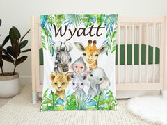 Safari Jungle Animals Baby Boy Blanket, Tropical Leaves Greenery Name Blanket Newborn Baby Shower Gift Lion Elephant Giraffe Monkey B1547