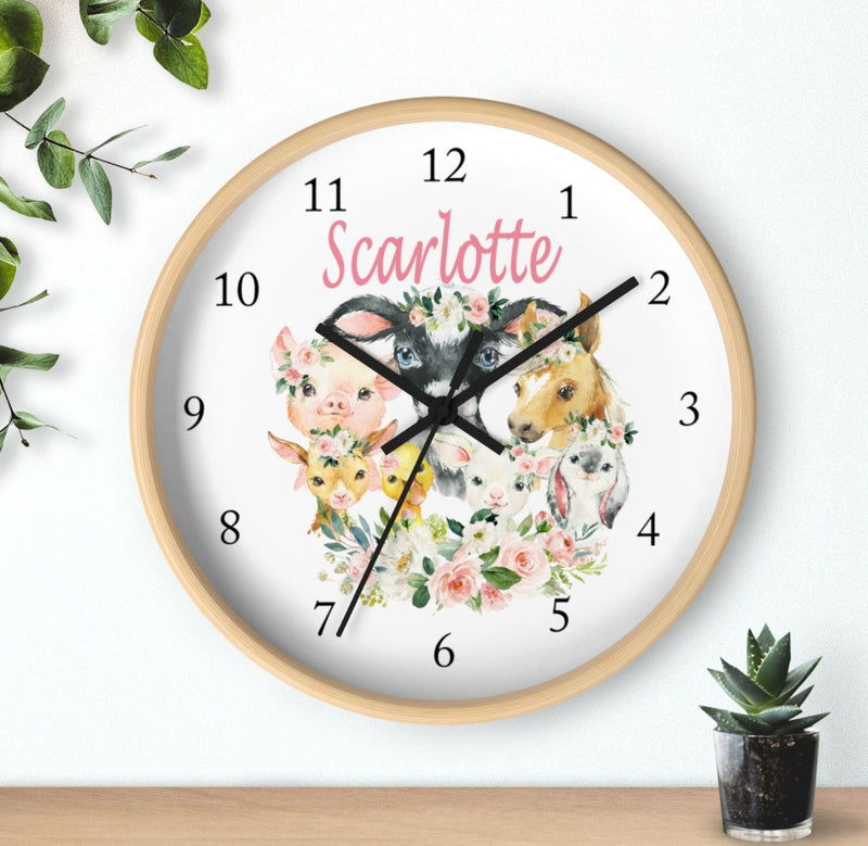 Farm Animals Floral Wall Clock, Blush Pink Watercolor Flowers Nursery Wall Clock, Bedroom Decor, Cow Pig Horse Chicken Goat Bunny T143