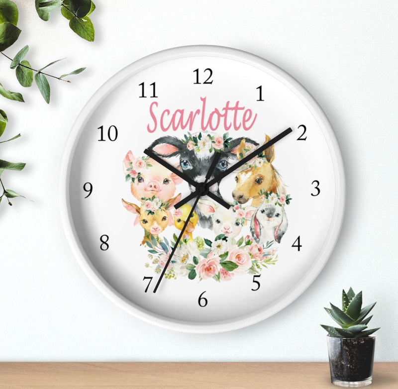 Farm Animals Floral Wall Clock, Blush Pink Watercolor Flowers Nursery Wall Clock, Bedroom Decor, Cow Pig Horse Chicken Goat Bunny T143