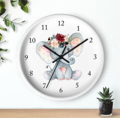 Elephant Floral Wall Clock, Pink Burgundy Navy Flowers  Nursery Wall Clock, Girl Boy Bedroom Decor, Jungle Animals Nursery Decor T144