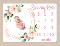 Pink  Floral Milestone Blanket, Blush Pink Watercolor Flowers Monthly Milestone Growth Tracker Newborn Baby Girl Name Baby Shower Gift B1534