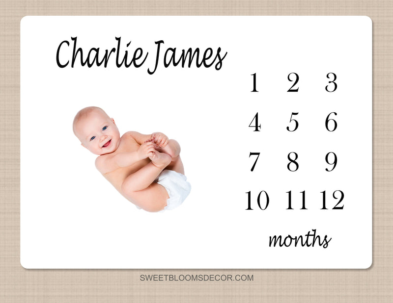 Baby Milestone Blanket, Boy Girl Name Milestone Baby Blanket Monthly Growth Tracker Gender Neutral Baby Shower Gift  B1548