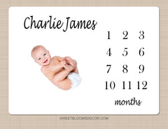 Baby Milestone Blanket, Boy Girl Name Milestone Baby Blanket Monthly Growth Tracker Gender Neutral Baby Shower Gift  B1548