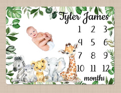 Safari Animals Milestone Blanket, Personalized Monthly Growth Blanket Jungle Boy Tropical Greenery Leaves Newborn Baby Shower Gift B1536