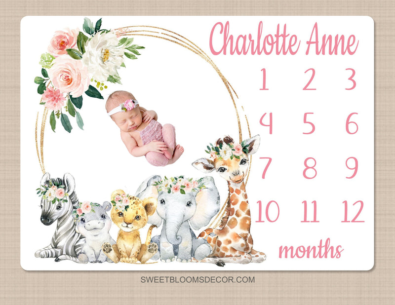 Safari Animals Floral Girl Milestone Blanket, Blush Pink Flowers Monthly Blanket Jungle Animals Personalized Newborn Baby Shower Gift B1538