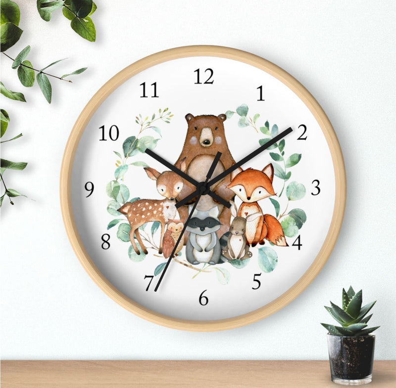 Woodland Animals Wall Clock, Eucalyptus Leaves Nursery Baby Boy Girl Bedroom Decor, Woodland Forest Animals Fox Bear Deer Raccoon Owl T141