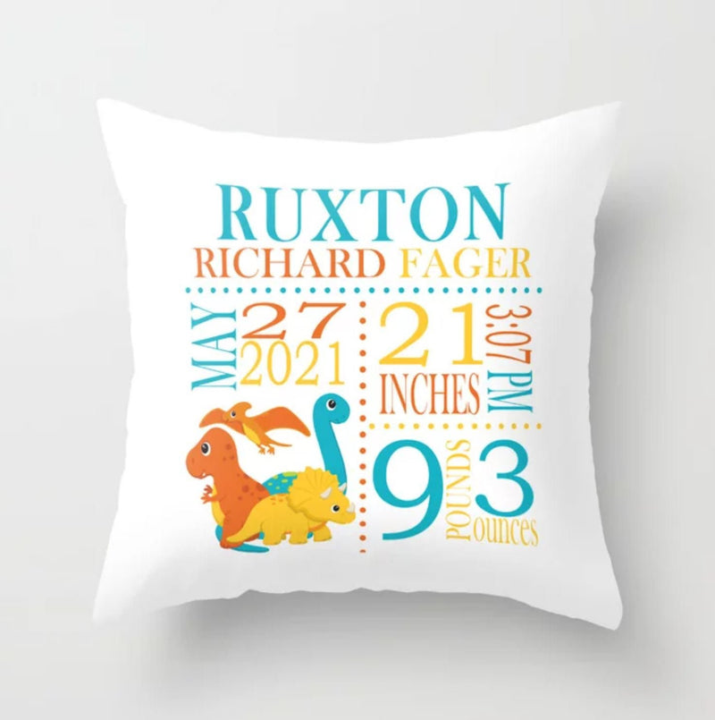 Dinosaurs Birth Announcement Pillow Personalized Birth Stats Throw Pillow Dinosaur Baby Shower Gift Baby Boy Nursery Decor P313