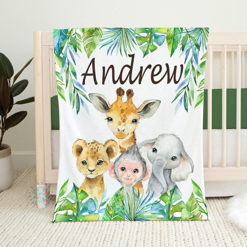 Safari Jungle Animals Baby Boy Blanket, Tropical Leaves Greenery Name Blanket Newborn Baby Shower Gift Lion Elephant Giraffe Monkey B1547