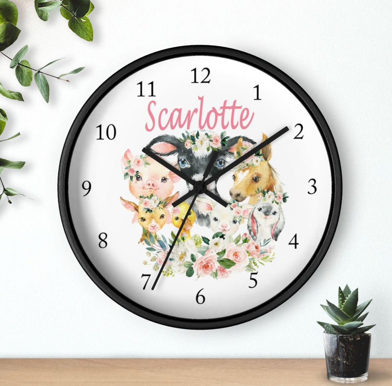 Farm Animals Floral Wall Clock, Blush Pink Watercolor Flowers Nursery Wall Clock, Bedroom Decor, Cow Pig Horse Chicken Goat Bunny T143