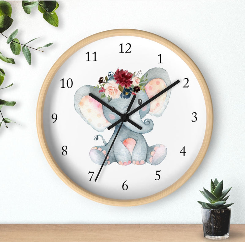 Elephant Floral Wall Clock, Pink Burgundy Navy Flowers  Nursery Wall Clock, Girl Boy Bedroom Decor, Jungle Animals Nursery Decor T144