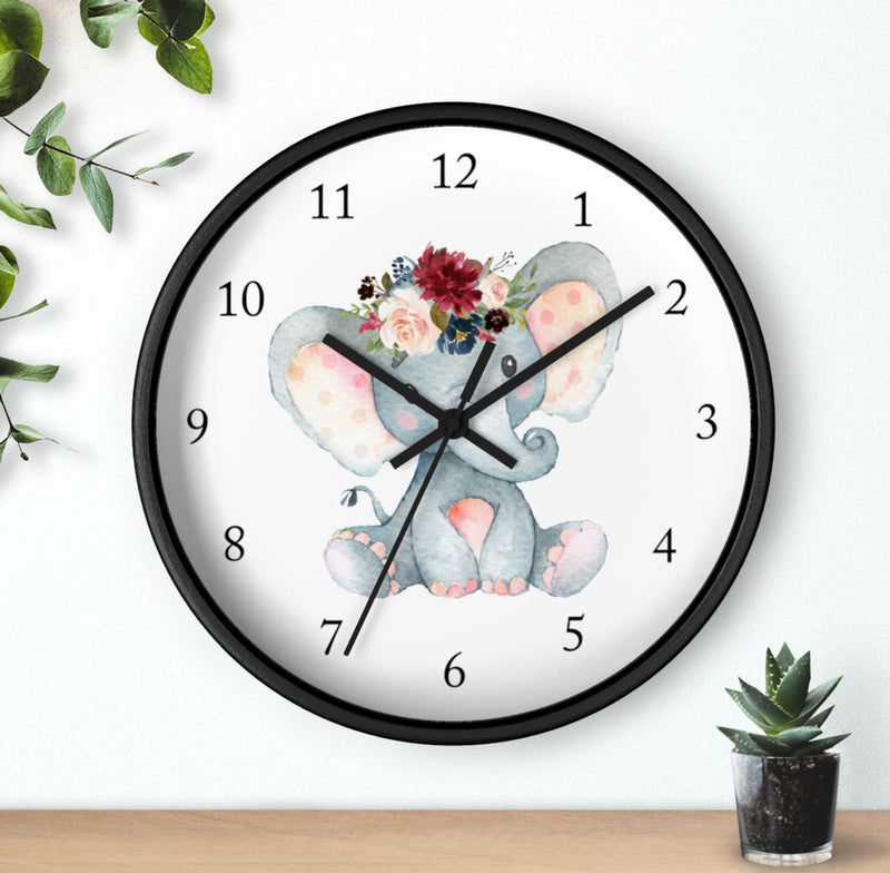 Elephant Floral Wall Clock, Pink Burgundy Navy Flowers  Nursery Wall Clock, Girl Boy Bedroom Decor, Jungle Animals Nursery Decor T144