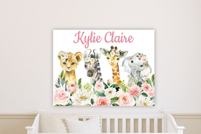 Safari Animals Girl Floral Nursery Name Sign Wall Art Blush Pink Watercolor Flowers Baby Bedroom Personalized Shower Gift CANVAS C1003