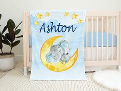 Elephant Moon Stars Baby Boy Name Blanket, Personalized Baby Girl Blanket Baby Shower Gift Twinkle Little Star Nursery Decor  B1551