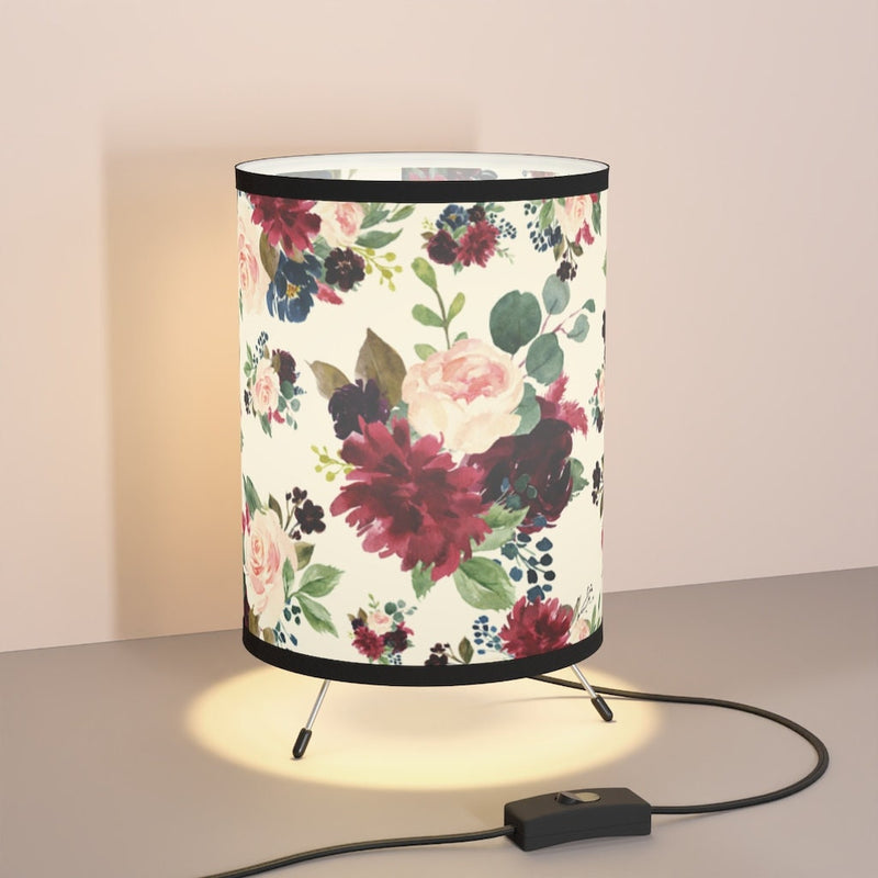 Floral Tripod Table Lamp, Burgundy Red Blush Pink Gild Navy Blue Maroon Watercolor Flowers Table Lamp Nursery Decor Girl Bedroom Decor