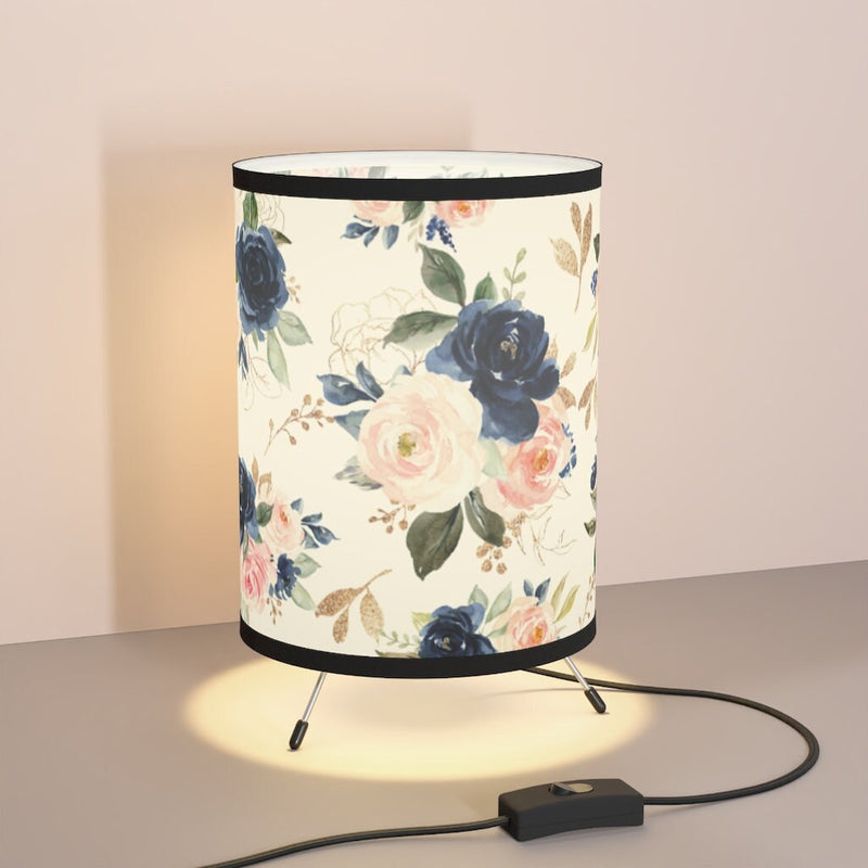 Floral Tripod Table Lamp, Navy Blue Blush Pink Gold Watercolor Flowers Nursery Decor Girl Bedroom Decor Living Room Table Lamp