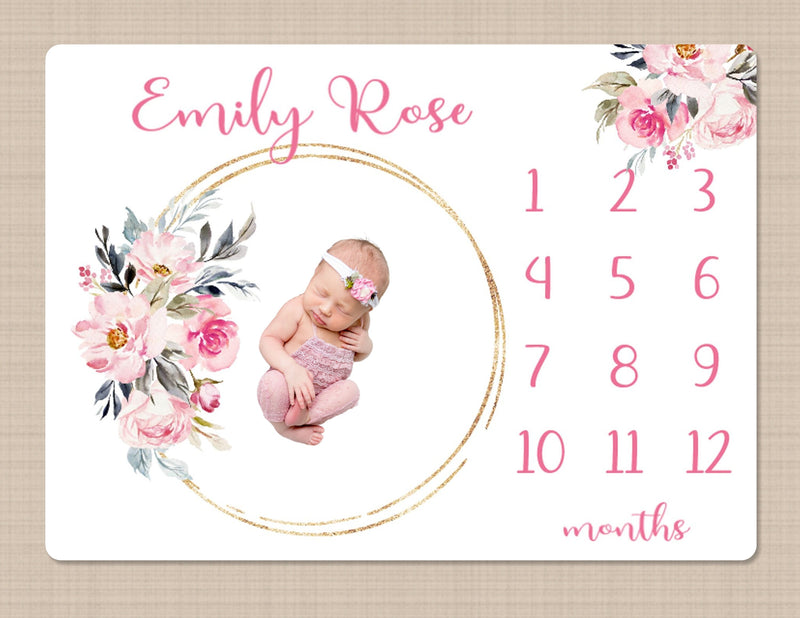 Floral Milestone Blanket, Pink Magenta Watercolor Flowers Monthly Milestone Blanket Newborn Baby Girl Name Baby Shower Gift B1557